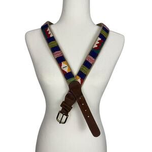 Men's Guatemalan Cotton Weave and Leather Belt Brass Buckle 42 Foolish Fish USA